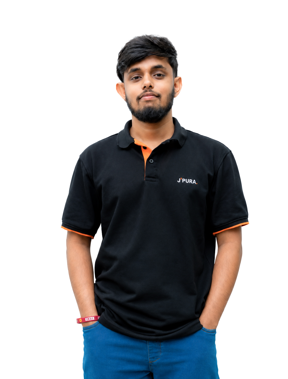 Dharaka Meth wearing a black and orange polo shirt